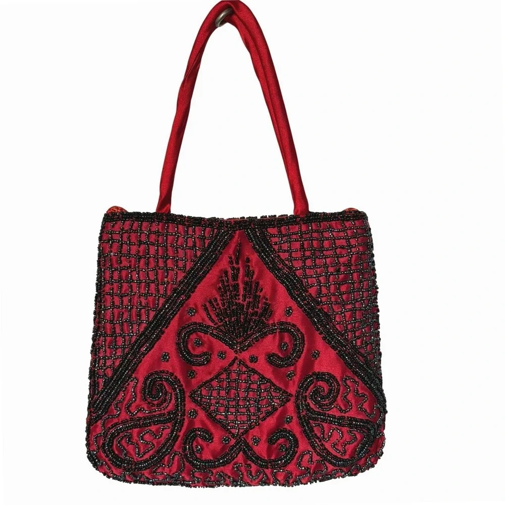 Vintage 90s Red Satin Hand Beaded Mini Handle Bag Crossbody Art Deco Elegant